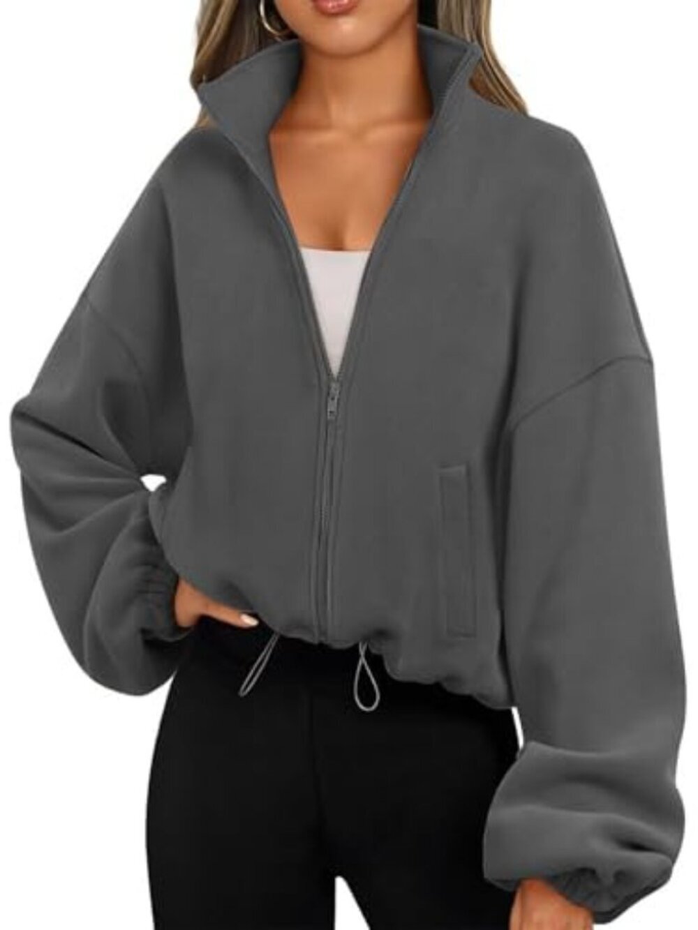 🆕 Women's Zip Up Fleece Cropped Y2K Jacket Sweaters Oversized Long Sleeve
